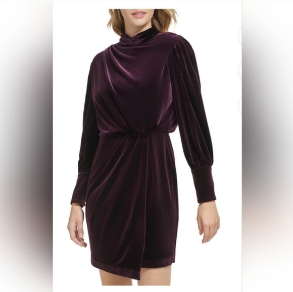 Karl Lagerfeld Dresses & Skirts - Karl Lagerfeld Ladies Draped Faux Wrap Velvet Long Sleeve Dress Size 6 Purple